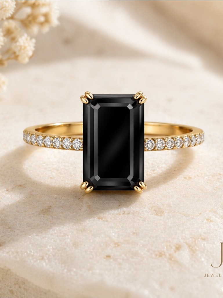 Black Emerald Cut Statement Ring 14k Gold Vermeil Pav Band Bold Cocktail Ring